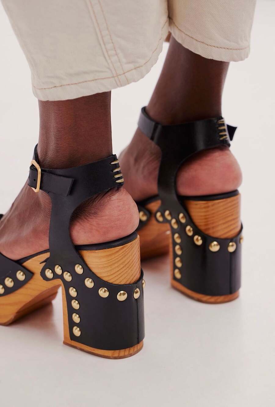 Free People Cecily Clogs Black Leather Studded Wooden Platform Sandal  Size 7.5 - Picture 3 of 5